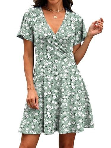 Spring Dresses for Women 2026 Casual Wrap V Neck Lightweight Vacation Summer Dress Beach Green Sundresses Floral M - Thumbnail 3