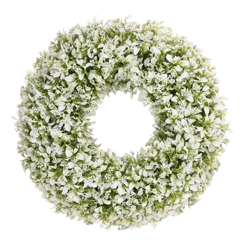 U'Artlines 20 Inch Boxwood Wreaths for Front Door, Spring Summer Wreath with White Flowers, Large Greenery Wreath for Wall Window Porch All Seasons Outdoor Indoor Decor - Image 1