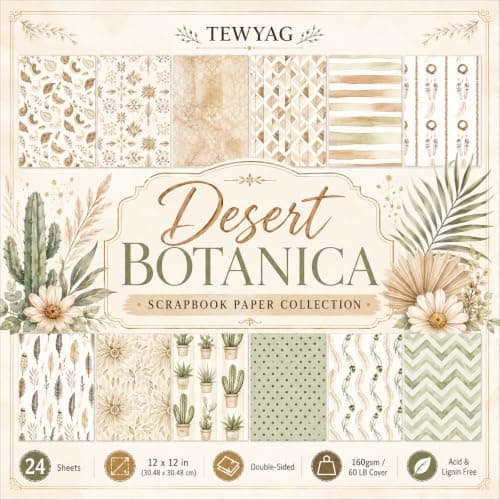 12x12 Scrapbook Paper & Scrapbooking Supplies, Boho Cream Double-Sided Patterned Cardstock Pad, Decorative Craft Sheets for Junk Journal & Photo Album, 24 Sheets