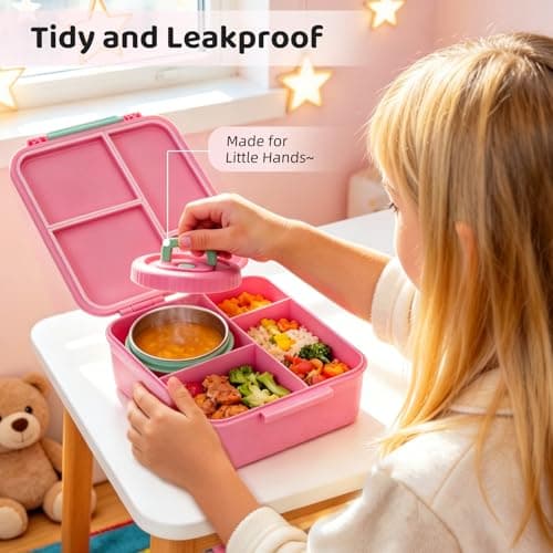 Kids Bento Lunch Box with 12oz Soup Thermo, 4 Compartments Leak Proof Lunch Box, Stainless Steel Insulated Food Jar for Girls Back to School, Daycare, Camping, Picnic, Unicorn Birthday Gifts for Girl - Thumbnail 6