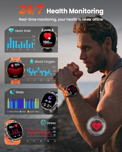 Military Smart Watches for Men, 1.91" Men's Smart Watch with 1000mAh/5 ATM Waterproof/LED Flashlight/110+ Sport Modes/Heart Rate/SpO2/Sleep Monitor, Fitness Tracker Watch for Android & iPhone (Black) - Thumbnail 5