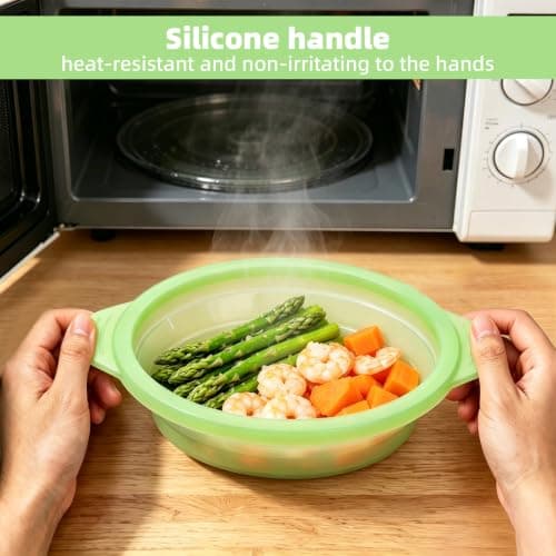Microwave Steamer Cooker Collapsible Bowl-Silicone Steamer Cookware with Handle Lid for Vegetables Fish Prep Meal Food with Removable Rack BPA Free, Easy to Store, Freezer & Dishwasher Safe, Large - Thumbnail 3