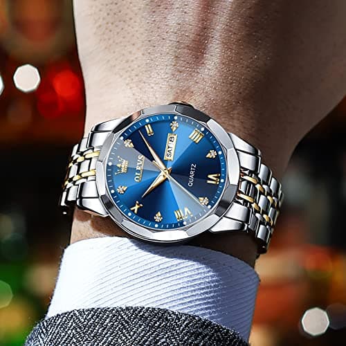 OLEVS Watch Men Blue Face Gold and Silver Stainless Steel Dress Luxury Watches for Men Two Tone Wrist Waterproof Fancy Quartz Analog Diamond Mens Watches Relojes para Hombres - Thumbnail 3