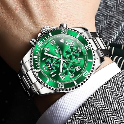 OLEVS Watches for Men Green Big Face Silver Stainless Steel Dress Chronograph Moon Phase Mens Watches Analog Quartz Cheap Waterproof Luminous Fashion Men's Wrist Watches - Thumbnail 3