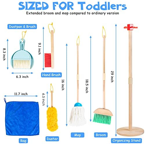 Wooden Kids Cleaning Set for Toddlers,8 Pieces Montessori Cleaning Toys with Kids Broom and Mop Set, Housework Pretend Play Toy Gift for Boys Girls Ages 3+ - Thumbnail 2
