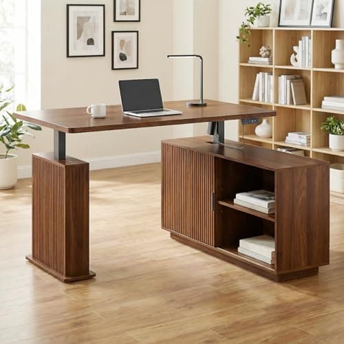 Electric L Shaped Standing Desk with Storage, 55 x 47 Inch Mid Century Modern Corner Sit Stand Up Desk, Wooden Adjustable Height L Office Desk Computer Executive for Home, Laptop, Fluted, Walnut - Image 1