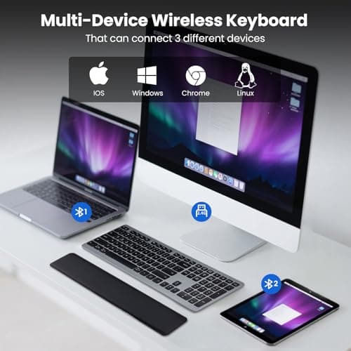 Wireless Keyboard, Bluetooth Keyboard with Leather Palm Rest, Backlighting, Multi-Device Pairing, USB C Rechargeable, for Windows, Mac, iOS, Android, Chrome, Office, Students, Long Hours Typing - Thumbnail 3