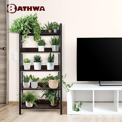 BATHWA 5 Tier Book Shelf, Rustic Industrial Ladder Bookshelf Wood Metal, Dark Brown Farmhouse 28'' Wide 59''Tall Ladder Shelf Living Room, Bedroom, Home Office - Thumbnail 6