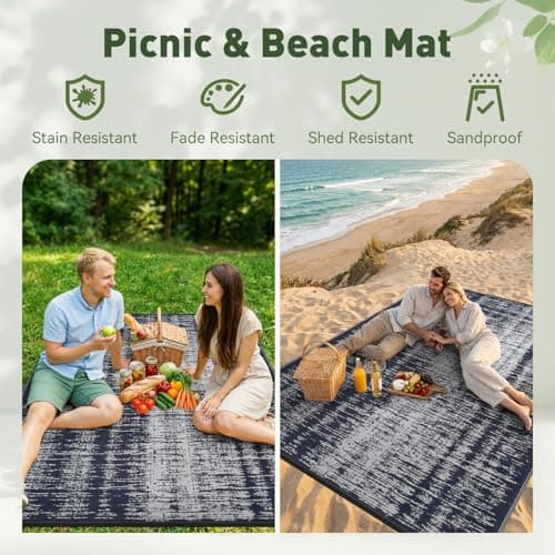 MontVoo Outdoor Rug Waterproof 6x9 ft Outdoor Carpet Patio Rug Mat Reversible RV Camping Rug Plastic Straw Outside Rug for Balcony Porch Deck Picnic Beach Modern Navy - Thumbnail 4