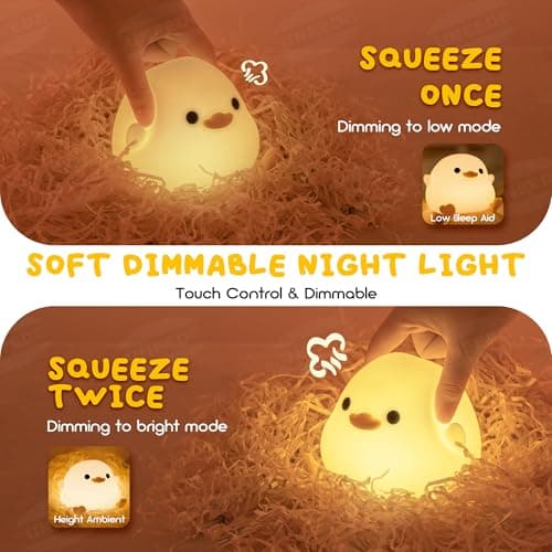 UNEEDE LED Cute Bean Duck Night Light, DoDo Duck Silicone Nursery Night Light Squishy Dimmable Rechargeable Table Bedside Lamp with Touch Sensor for Bedrooms, Living Room Unique Dorm Decor Gift Toy - Thumbnail 2
