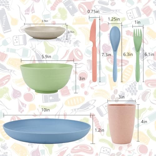 Wrova wheat straw bowls,plates,cups and cutlery sets 28 pcs - Unbreakable Dishwasher Safe dinnerware sets service for 4 - Ideal dish sets for kitchen, camping, indoors and out doors.Nordic - Thumbnail 2