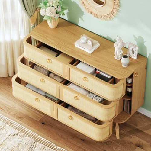 HUAHUU 6 Drawer Rattan Dresser for Bedroom, 43'' Fluted Modern Wooden Dresser with Metal Handles&Wood Legs, Curved Profile Design, Boho Chest of Drawers for Bedroom, Living Room, Natural - Thumbnail 3