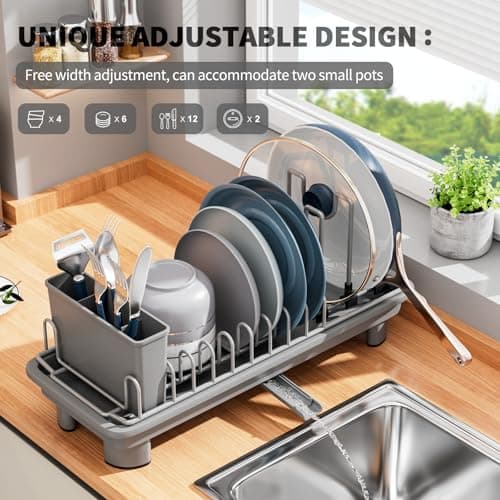 SanDream Small Dish Drying Rack with Removable Utensil Holder & Anti-Scratch Base - Stainless Steel Dish Rack, Dish Drying Rack with Drainage & Space Saving Design for Kitchen Counter, Gray - Thumbnail 4