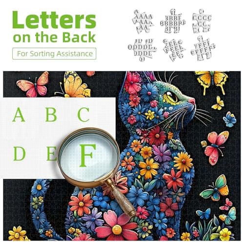 Floral Cat and Butterfly Jigsaw Puzzle for Adults 500 Piece, Colorful Flower Kitten Challenging Jigsaw Puzzle with Poster & Lettered Back, Family Activity Home Decor, 20x20 Inch - Thumbnail 3