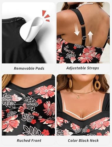 HUAKARY Tankini Swimsuits for Women Plus Size Tummy Control Tankini Swimsuits Athletic Two Piece Bathing Suits with Shorts 22W Black Pink Floral - Thumbnail 5