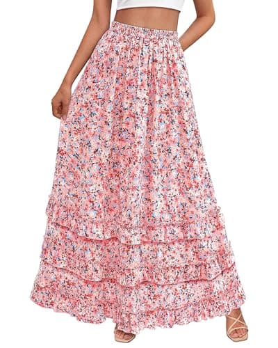 BTFBM Skirts for Women Summer Flowy A-Line Floral Boho Maxi Skirt Long Wedding Guest Dresses Spring Outfits 2026(Floral Pink,X-Large) - Image 1