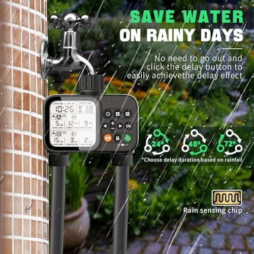 Sprinkler Timer for Garden Hose, 2 Zone Water Timer with with Auto Rain Delay, IP54 Waterproof 3.3“ Large LCD Drip Irrigation System Timers for Plant, Yard, Lawns, Outdoor - Thumbnail 3