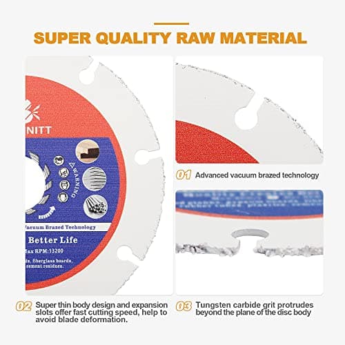Carbide Multi Wheel,BRSCHNITT 2pcs 4-1/2 Inch (115mm) with Arbor 7/8" Tungsten Carbide Cut Off Wheel for Wood,Laminate,Gypsum Board,Plastic for Angle Grinder Cutting Disc - Thumbnail 4