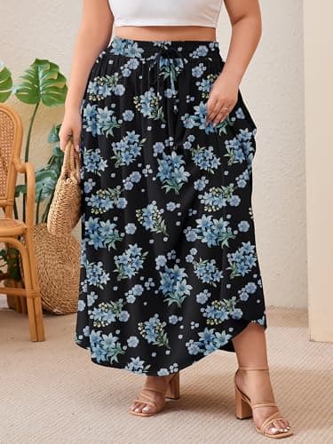 AusLook Plus Size Maxi Skirt for Women High Waisted Elastic Waist Flowy A Line Long Black Blue Lily Bouquet 4X Skirt with Pockets Casual Summer Beach Vacation - Thumbnail 2