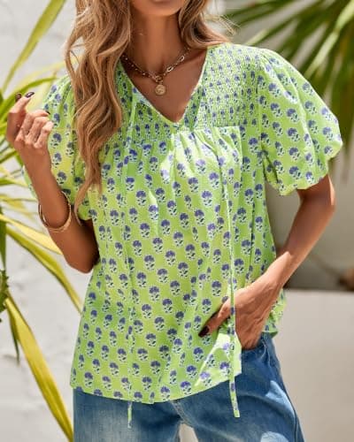 KIRUNDO Boho Tops for Women Summer 2026 Dressy Floral Blouse V Neck Drawstring Short Sleeve Shirts Beach Vacation Clothes(Green, X-Large) - Thumbnail 6
