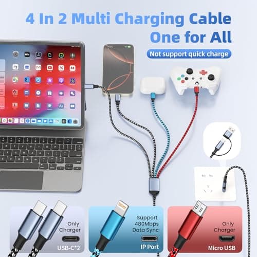 4 in 2 Multi Charging Cable, USB A/C Cable with Dual Type-C/IP/Micro USB, Travel Charger for Multiple Devices, Phone Charger Cord for iPhone 17/16/15/14, Galaxy, Android Tablet Pad (2Pack 5FT) - Thumbnail 2