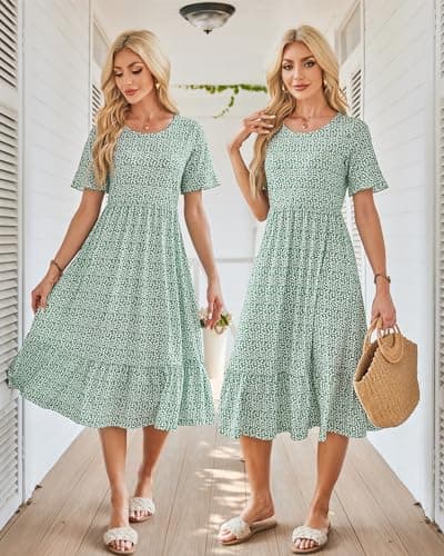 STYLEWORD Women's Summer 2026 Casual Short Sleeve Tiered Flowy Maxi Spring Dress Long Midi Beach Sundress Vacation Hawaiian Outfits(Floral18,S) - Thumbnail 4