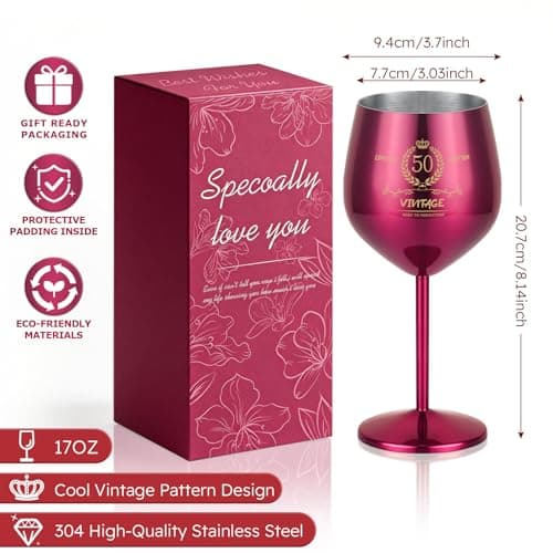 TJ 50th Birthday Gifts for Women Vintage Engraved Wine Glass 50th Birthday Stainless Steel Wine Glass Birthday Decorations For Women, 50 Year Old Birthday Gifts for Sister Friends Wife Aunt, Hot Pink - Thumbnail 3
