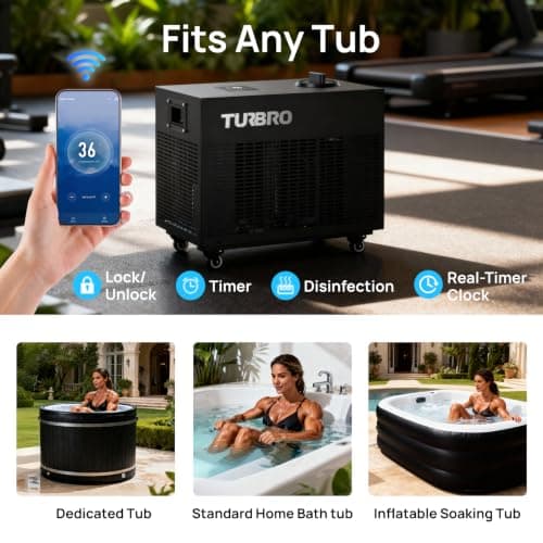TURBRO 1 HP 9,300BTU, Cold Plunge Chiller, Smart Ice Bath Water Chiller with Schedule Timer, Dual Filters and Ozone Generator, Wheels, Handles, Insulated Pipes, for Athlete Recovery and Therapy, F85 - Thumbnail 5