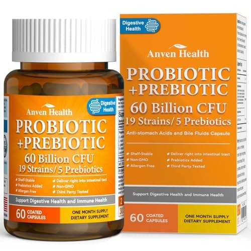 Anven Health 60 Billion Probiotic and Prebiotic for Women and Men - 19 Strains 5 Organic Prebiotics for Gut Digestive & Immune Health, Supports Diarrhea Gas Bloating, Non-GMO – Made in USA丨60 Caps - Image 1