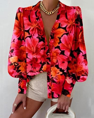 BTFBM Summer Blouses for Women Dressy Casual 2026 Long Sleeve Button Down Shirt V Neck Boho Spring Tops Fashion Clothing(Floral Red, XX-Large) - Thumbnail 2
