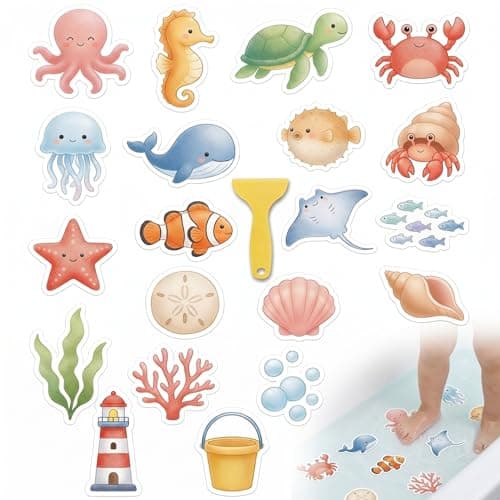 Anki HappiGo Non Slip Bathtub Stickers, 20PCS Sea Creature Anti Slip Bath Tub Treads, Adhesive Waterproof Decals for Toddler Bath & Shower Safety with Scraper