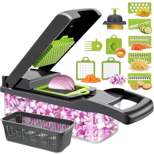 14-in-1 Vegetable Chopper with Container – Veggie Chopper with Container and Lid Includes 6 Blades, Cheese Grater, Egg Separator | Finger Guard, Dishwasher Safe – Veggie Dicer for Chips, Cubes, Strips - Image 1