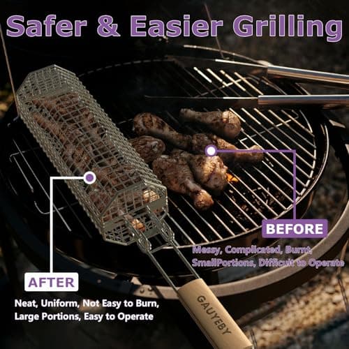 GAUYEBY Rolling Grill Basket, Grilling Baskets for Outdoor Grill, REMOVABLE HANDLE, Anti-Scorch Stainless Steel BBQ Net Tube for Meat, Shrimp, Vegetables, BBQ Gifts for Dad, Husband (Octagon) - Thumbnail 4