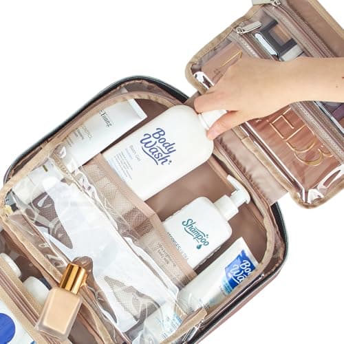 NISHEL Travel Toiletry Bag for women, Portable Hanging Organizer for Full-Sized Shampoo, Conditioner, Brushes Set, Makeup Accessories, Large Size, Rosewood-Pink - Thumbnail 5