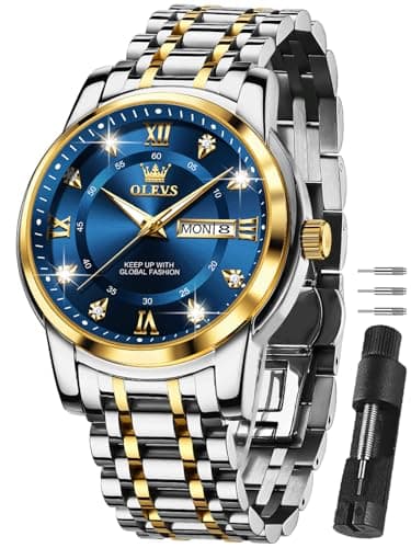 OLEVS Gold and Blue Watches for Men Big Face Dress Watch Stainless Steel Nice Fashion Blue Male Watch Diamond Waterproof Luxury Wristwatch Reloj Hombre - Image 1