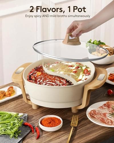 Hot Pot Electric Hot Pot with Divider, Large 6L Nonstick Dual-Sided Shabu Shabu Pot Dual-Flavor hotpot electric 1500W with Adjustable 5-Temperature Control ，Perfect for Family Dinners & Parties - Thumbnail 2