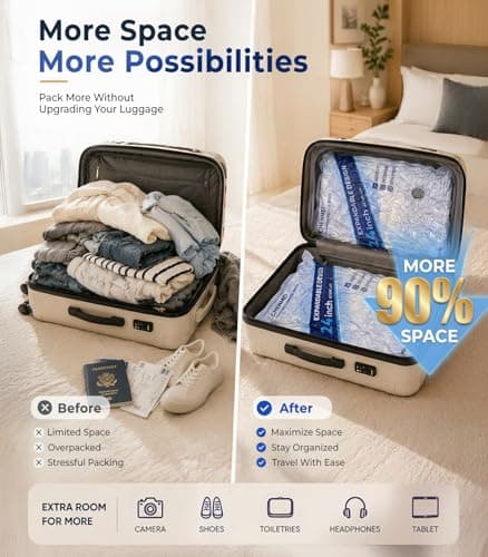 Vacuum Storage Bags for Travel with -70KPA Rechargeable Pump, 15 Pack Vacuum Seal Bags for Clothing, Space Saver Compression Bags for Luggage & Suitcase, Save 90% Space - Thumbnail 3