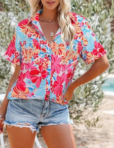 LILYCHIC Women Hawaiian Shirt Summer Floral Tropic Print V Neck Short Sleeve Button Up Beach Vacation Shirts Tops Blue L - Thumbnail 3