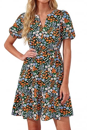 dowerme Women Summer Casual Dresses 2026 Puff Short Sleeve V Neck Floral Boho Midi Dress Flowy Ruffle Spring Sundress(Black Orange Flower,Small) - Image 1