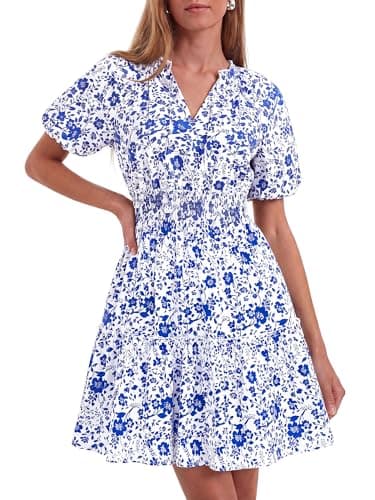 BTFBM Summer Mini Dresses for Women 2026 Ruffle Short Sleeve Elastic Waist Floral Beach Vacation Wedding Guest Dress(White Blue Flower, X-Large) - Image 1