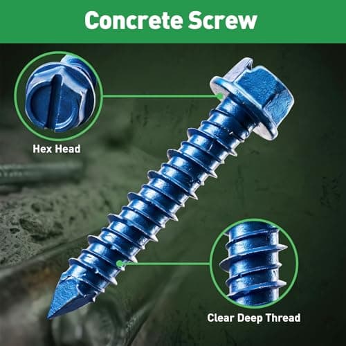 FOLIV 145PCS Concrete Screws with Drill Bit and Hex Bit Socket, Blue Hex Washer Head Concrete Screws Anchor Kit for Masonry, Cement, Block, Brick or Stucco - Thumbnail 2
