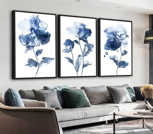 ASDCEUTICALS Aesthetic Canvas Wall Art - Framed Abstract Wall Decor Navy Blue Flowers Pictures Modern Paintings Botanical Art Prints for Living Room Bedroom Office Bathroom 20" X 28" X 3 Panels