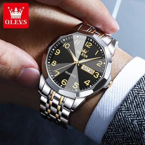 OLEVS Luxury Watch for Men - Black Arabic Numeral Dial with Gold and Silver Stainless Steel Band - Date and Day Function - Reloj para Hombre - Thumbnail 3