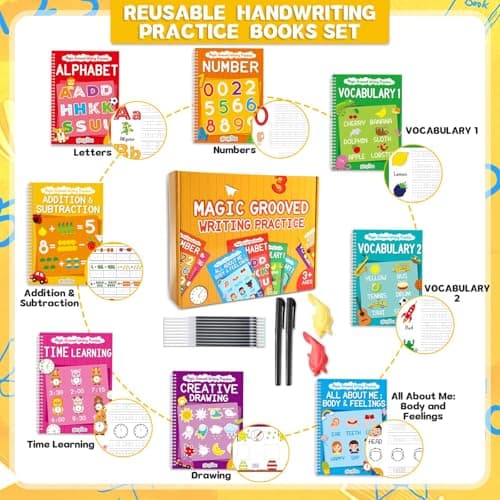 8 Pieces Magic Grooved Writing Practice Books Disappearing Ink Pens Reusable Groove Workbooks Tracing Handwriting Practice Without Tears for Kids Kindergarten Preschool Supplies,10.2 x 7.3inch - Thumbnail 2