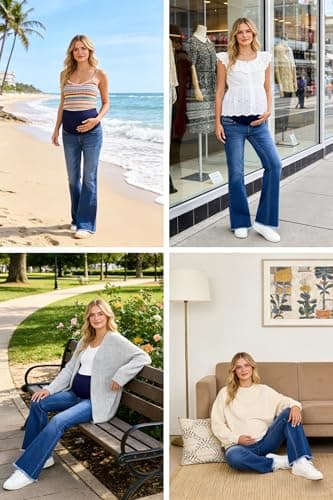 BLENCOT Maternity Denim Pants for Women Stretch Over Belly Pregnancy Jeans for Pregnant Womens Flare Bottom with Pockets Soft Comfort Fit P1005 Blue 2XL - Thumbnail 5
