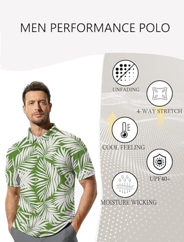 sportbull Tropical Golf Shirts for Men: Golf Polo Shirt White Palm Leaves XL - Thumbnail 5