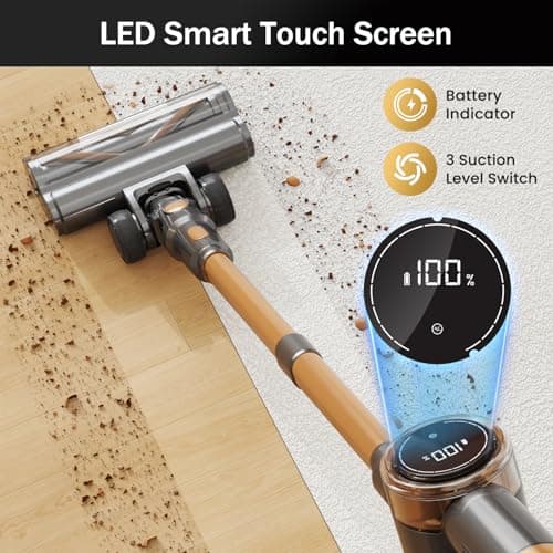 NuYupo Cordless Vacuum Cleaner, 10-in-1 Lightweight Stick Vacuum with 45mins Runtime, Powerful Suction, LED Touch Screen, Rechargeable Vacuum Cleaners for Home Hardwood Floor Carpet Pet Hair (Gold) - Thumbnail 6