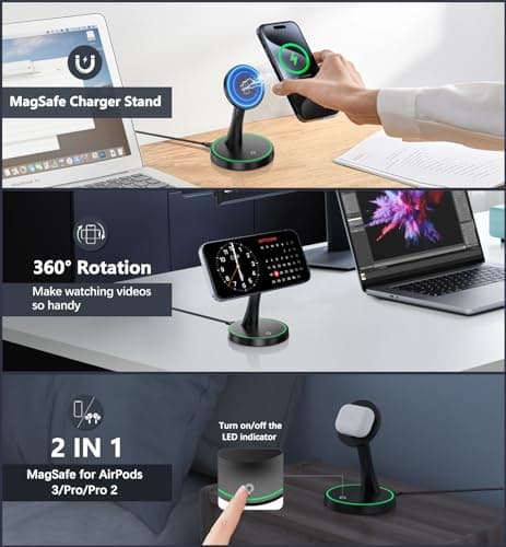 Magnetic Wireless Charger Stand 15W Fast Mag-Safe Charger for iPhone 17/17 pro/ 17 Air/ 17 pro max 16/15/14/13/12 Series Magnet Wireless Charging Station/Pad with Sleep-Friendly Light for AirPods - Thumbnail 2