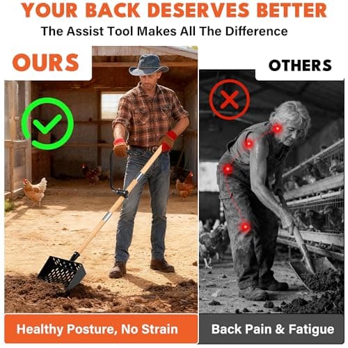 Chicken Poop Scooper for Sand, Extra Large Chicken Coop Scoop with 47" Handle & Assist Tool, 1.6mm Thick Heavy Duty Chicken Scooper for Poop, 2-in-1 Sifting Rake for Effortless Cleaning - Thumbnail 4