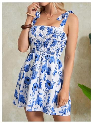 MakeMeChic Women's Summer Floral Mini Dress Shirred Tie Shoulder Sleeveless A Line Short Cami Sundresses Multicolor D X-Large - Thumbnail 3